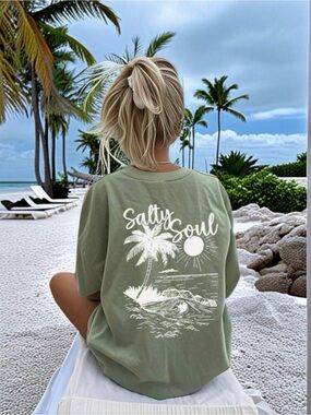 SHEIN Olive Green "Salty Soul" Graphic Short Sleeve Tee